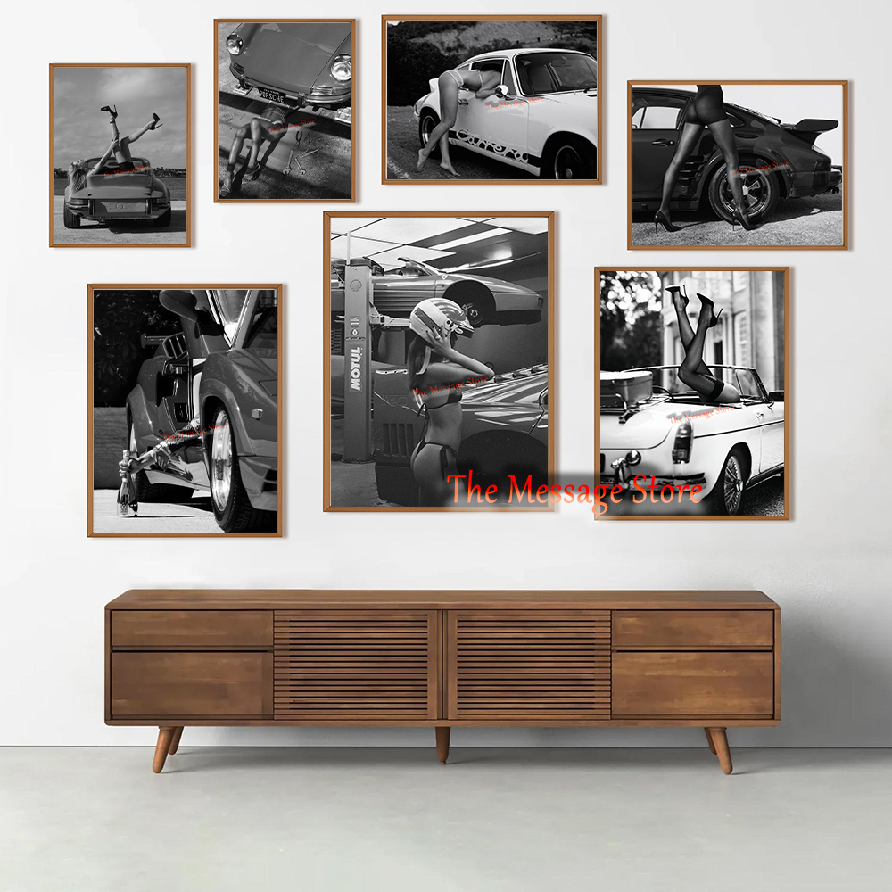Luxury Lifestyle Homes Photos - レトロセクシーガールハイヒールと高級車レトロトレンディファッション写真スポーツカーポスターキャンバス絵画壁掛け絵画家の装飾